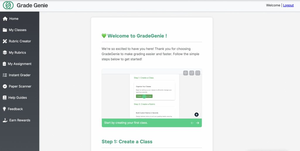 Welcome screen Grade genie